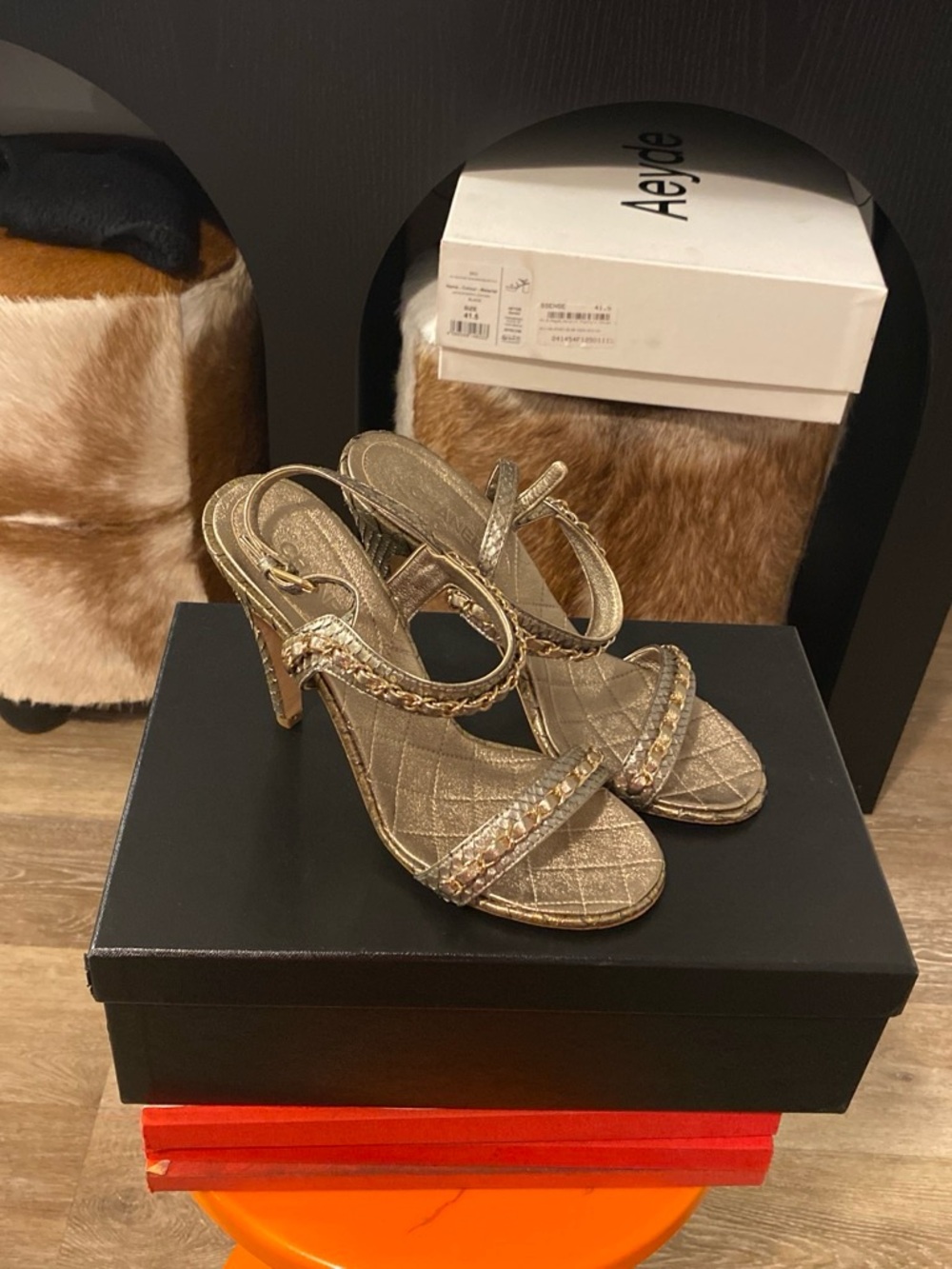 CHANEL Metallic Gold Braided-Strap Heeled Sandals